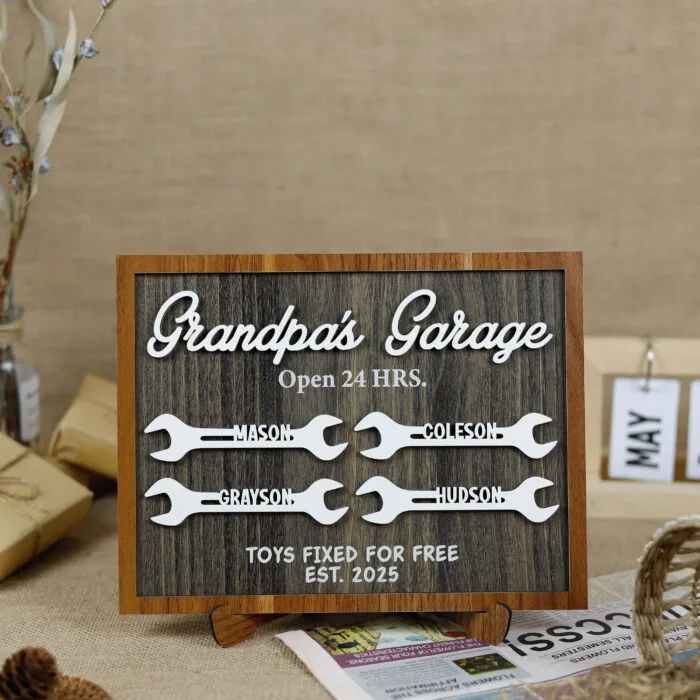 Personalized Grandpa Garage Sign with Grandkids’ Names - A Mechanic’s Keepsake Treasure