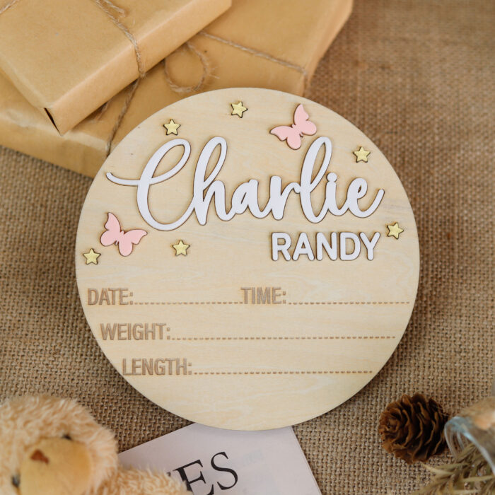 Personalized Butterfly Baby Announcement Sign - Custom Newborn Hello World Keepsake