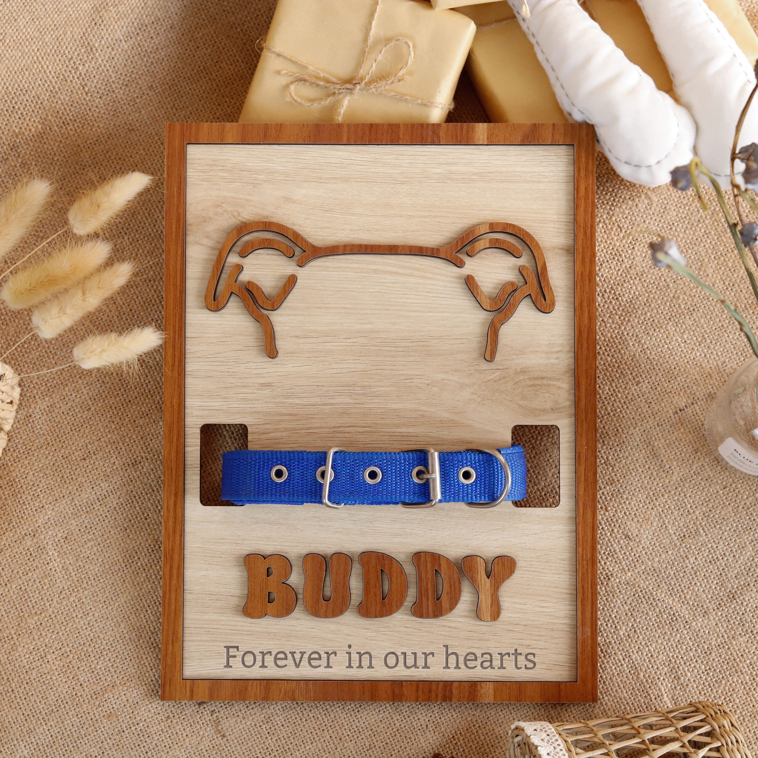 Personalized Memorial Dog Ears Wood Plaque - Dog Collar Holder Sympathy Gift