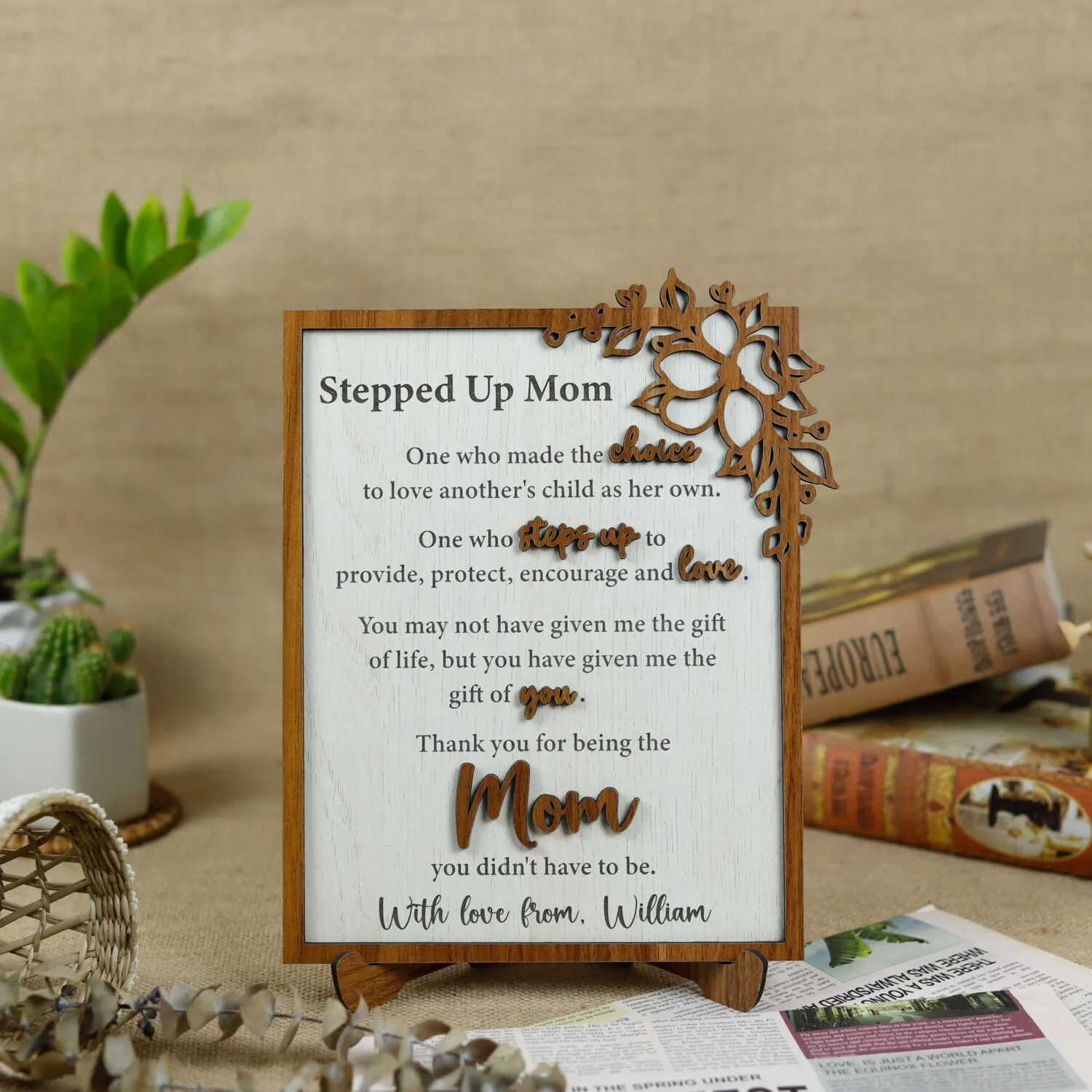 Personalized Floral Stepped-Up Mom Round Wooden Sign - A StepMom Keepsake Bloom
