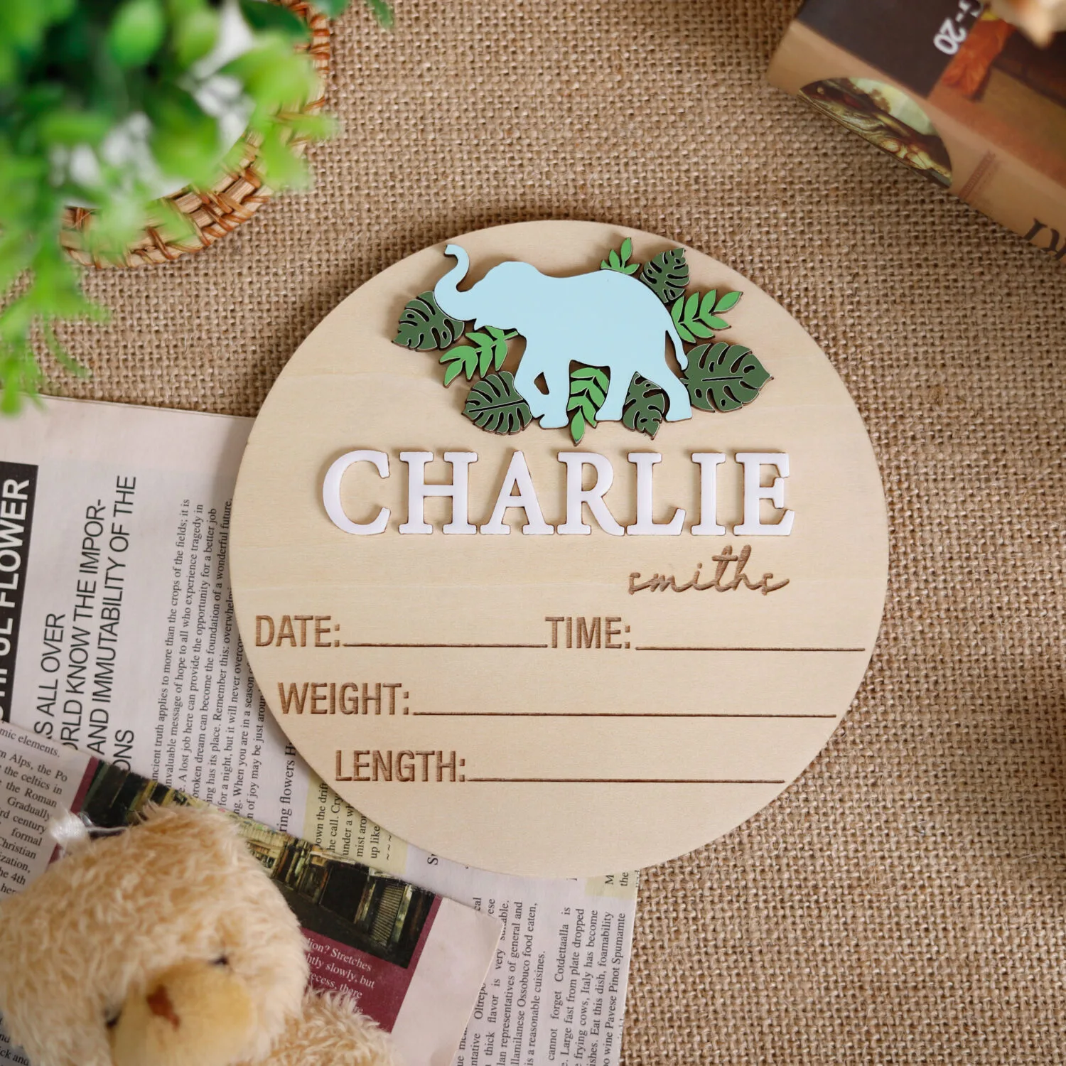 Personalized Baby Elephant Birth Stat Sign - A Gentle Nursery Keepsake Gift