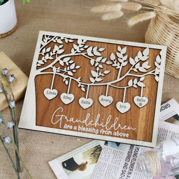 High-quality wooden family tree with 3D engraved grandchildren's names on the wall - Image 6