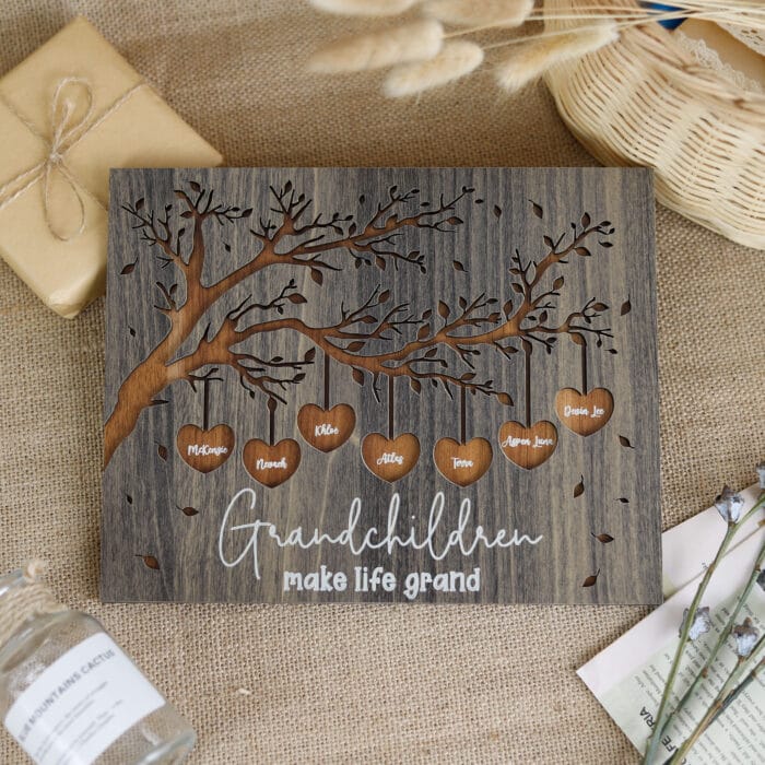 Personalized Grandchildren Names Tree Plaque with Stand - Meaningful Grandparents Wood Sign