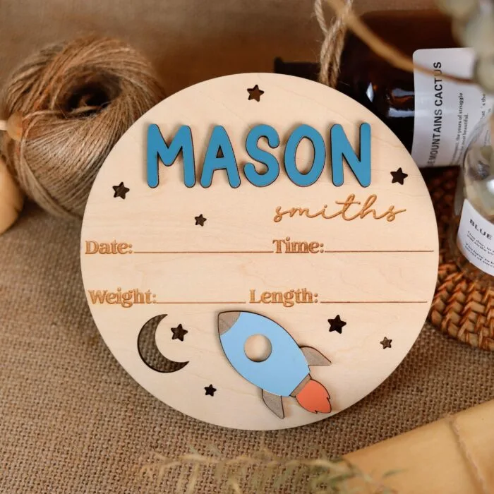 Personalized Rocket Baby Birth Stat Sign - Custom Outer Space Wooden Keepsake