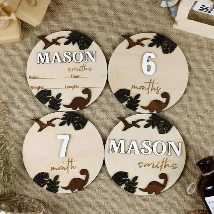Personalized Dinosaur Milestone Cards for Baby - Custom Wooden Dino Keepsake Set