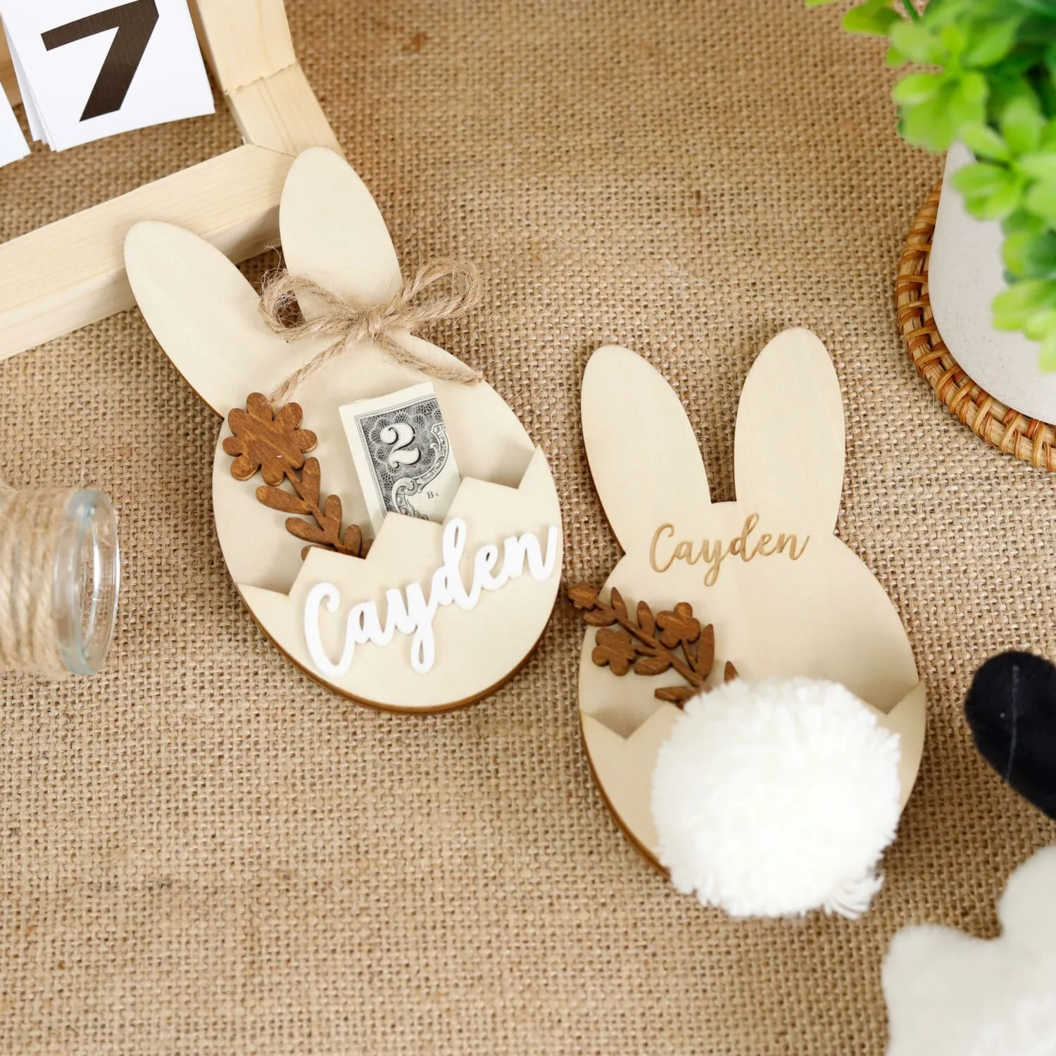 Personalized Easter Basket Name Tags - Custom Wooden Bunny Labels