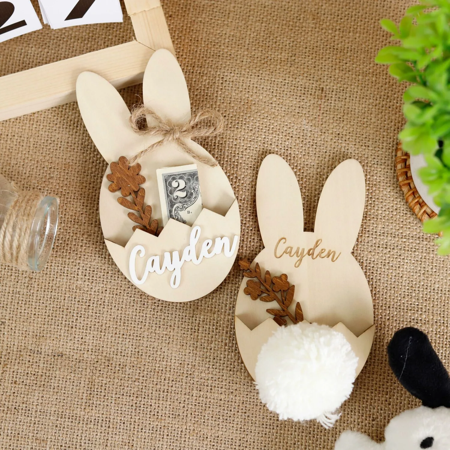 Personalized Easter Basket Name Tags - Custom Wooden Bunny Labels