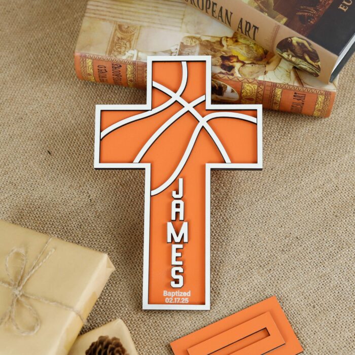 Personalized Wooden Basketball Cross Wall Decor | Custom Sports Sign For Boys With Name nd Faith Inspired Design | Christian Basketball Gift - Image 3