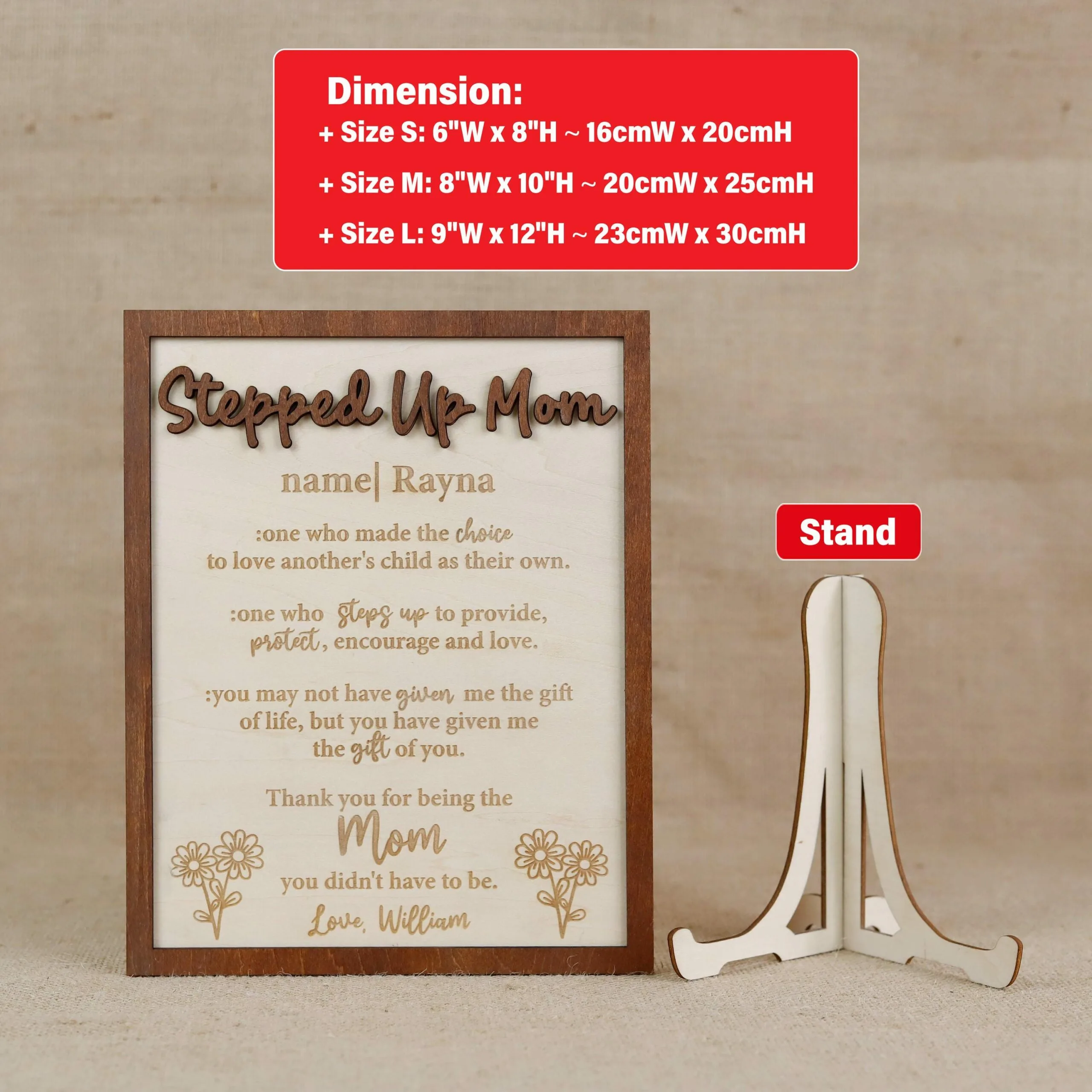 Personalized Stepmother Wooden Sign | Custom Heart Design Keepsake with Names & Messages | Thoughtful Gift for Mother's Day, Birthdays, Anniversaries - Image 9