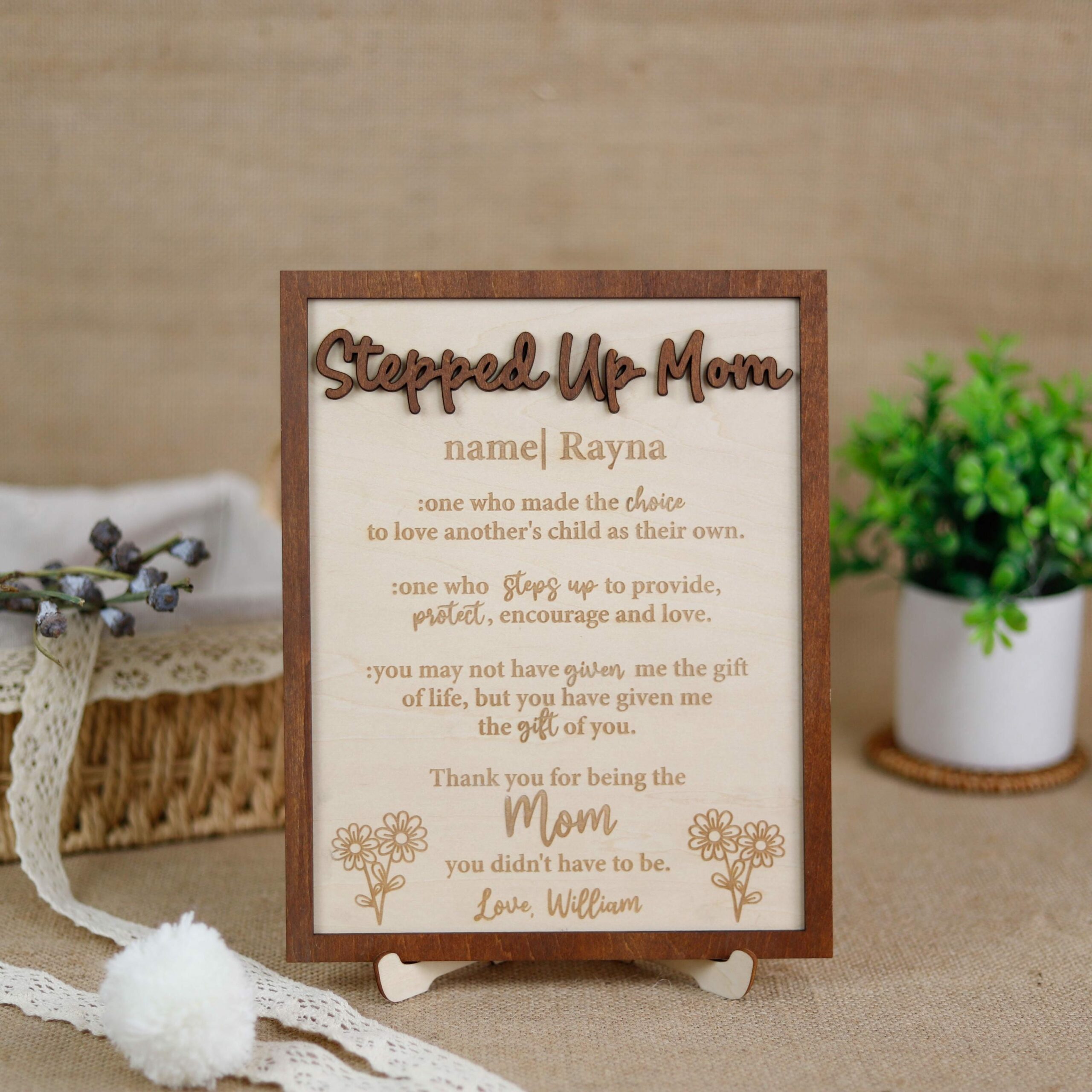 Personalized Stepped Up Mom Wood Sign - Custom Mother’s Day Bonus Mom Gift