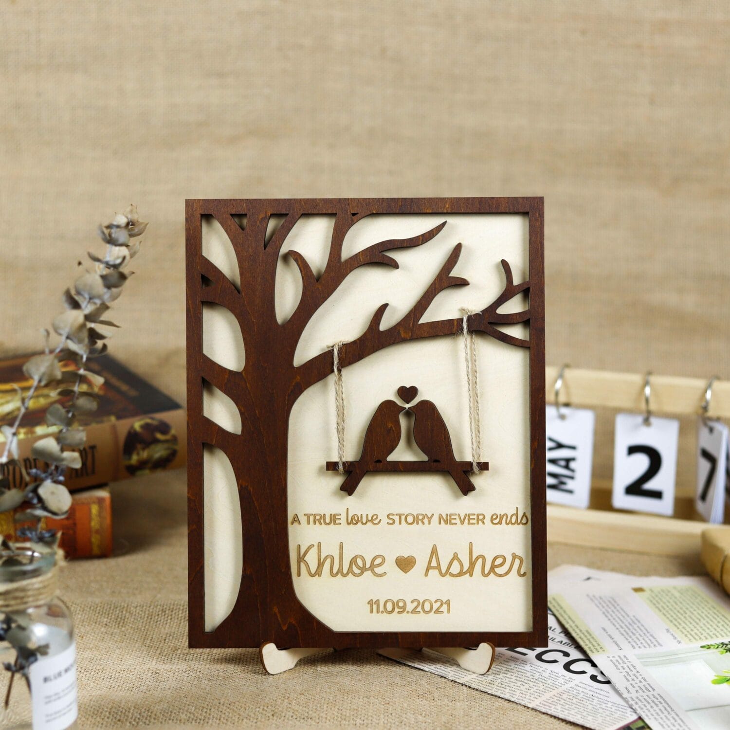 Personalized Love Birds Couple Plaque - Custom Romantic Wooden Keepsake