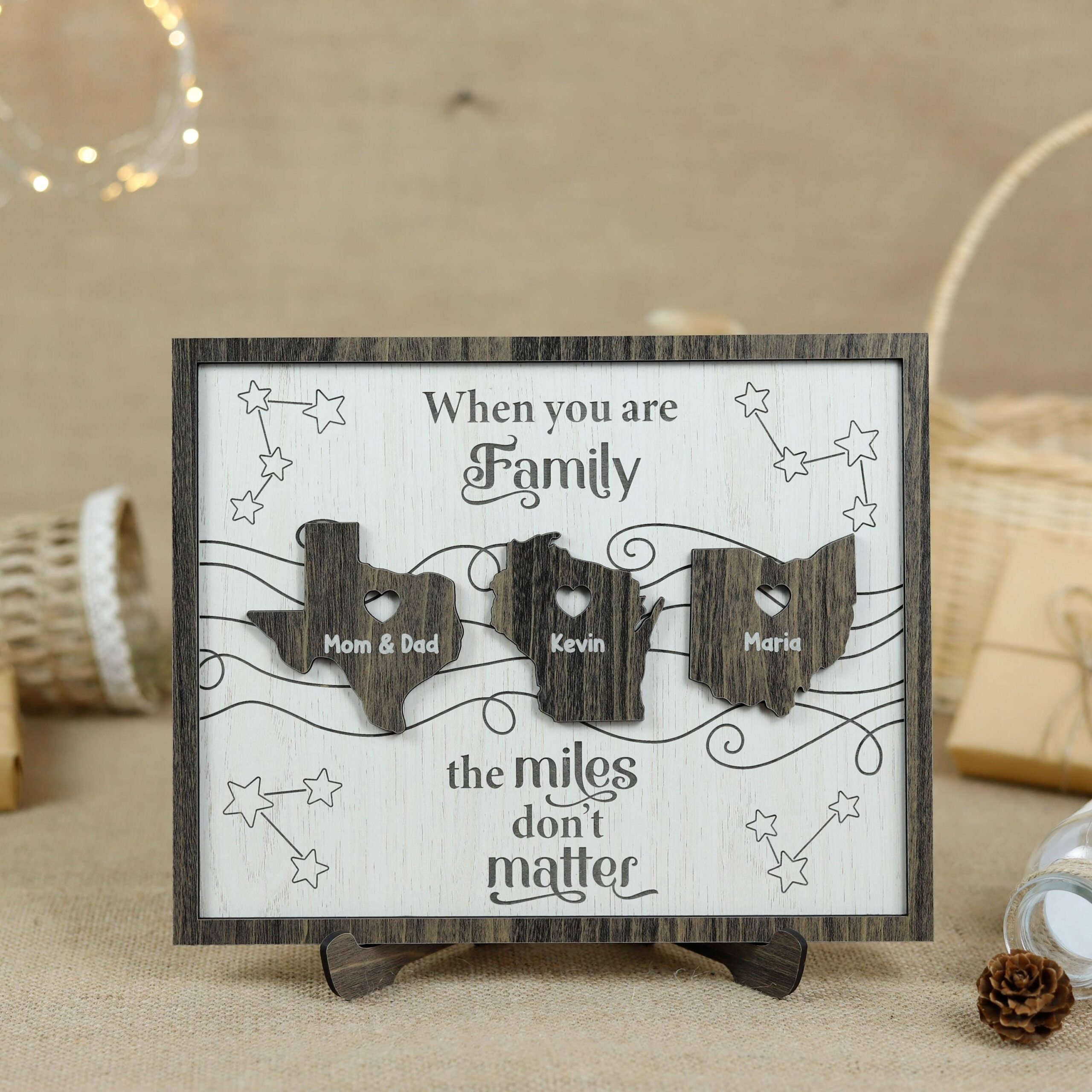 Custom Family Long Distance Wooden Sign - Personalized State-to-State Connection Gift