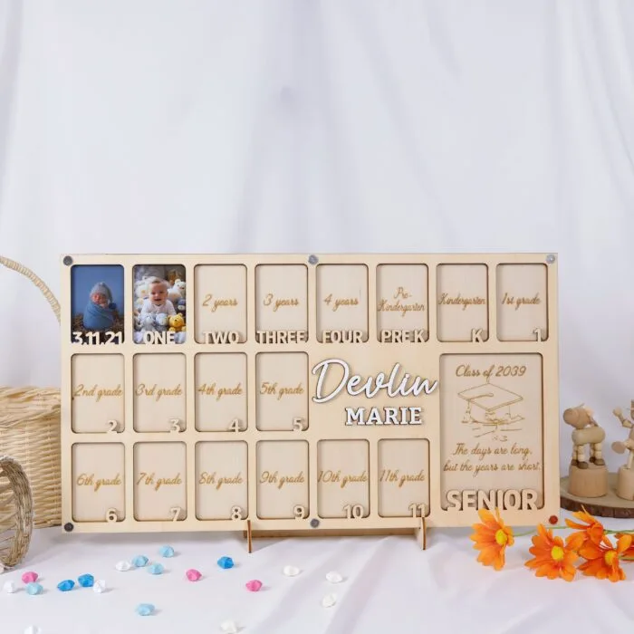 Personalized Birth to Graduation School Photo Frame - Custom Wooden Keepsake for Graduates