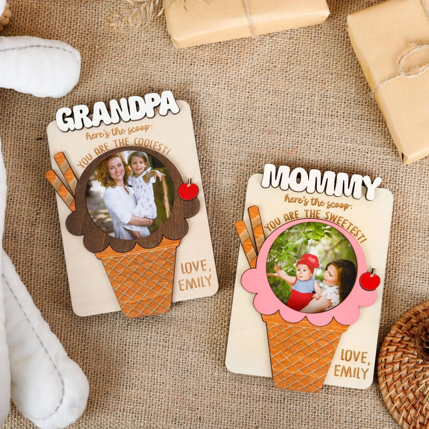 Personalized Ice Cream Photo Magnet - Custom Wooden Keepsake Gift with Names