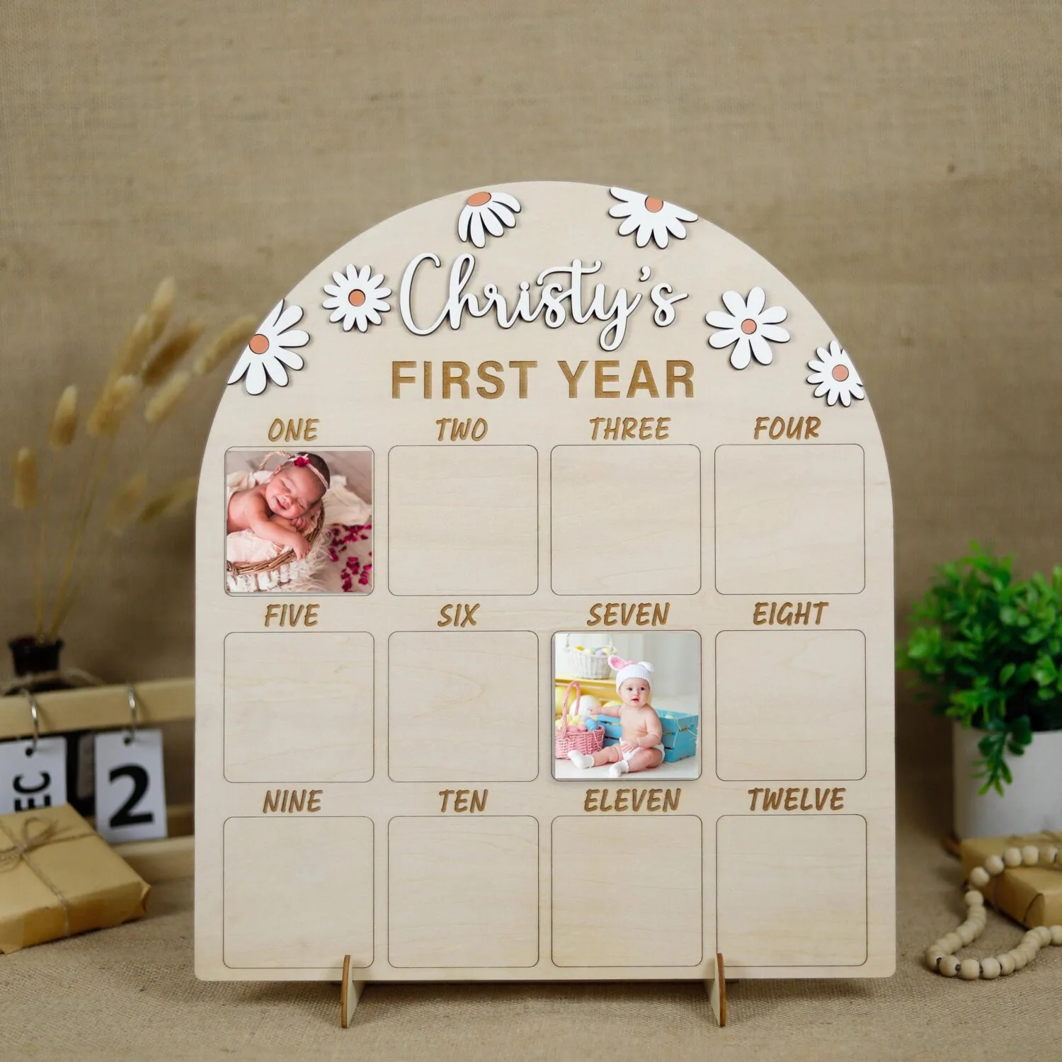 Personalized Baby First Year Picture Keepsake Frame - Custom Wooden Gift for Newborn Milestones