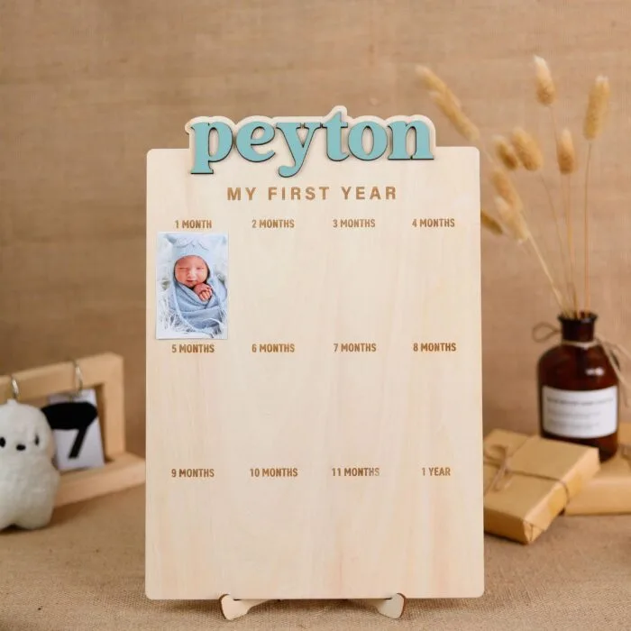 Personalized Baby First Year Picture Frame - Custom Wooden Keepsake for Newborn Milestones