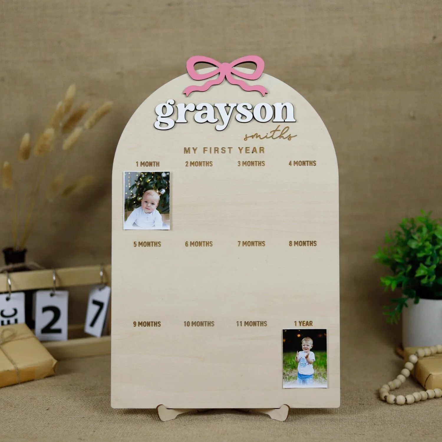 Personalized Baby Bow First Year Photo Frame - Custom Wooden Keepsake for Newborn Milestones