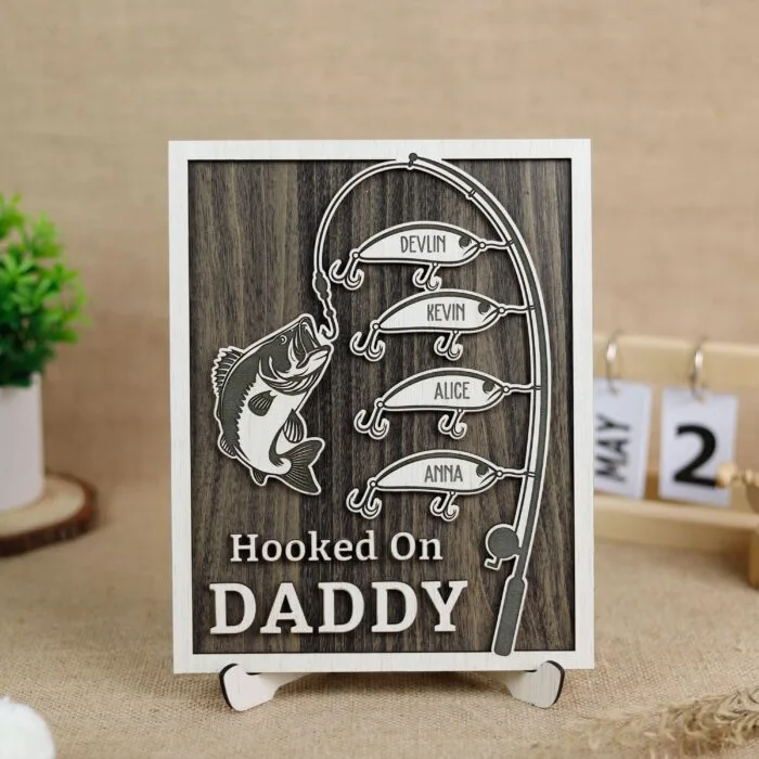 Personalized Hooked on Grandpa Sign with Fish - Custom Wooden Keepsake Gift for Grandpas