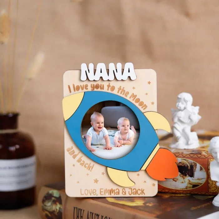 Personalized Grandkids Rocket Photo Frame - Custom Space-Themed Keepsake for Grandparents