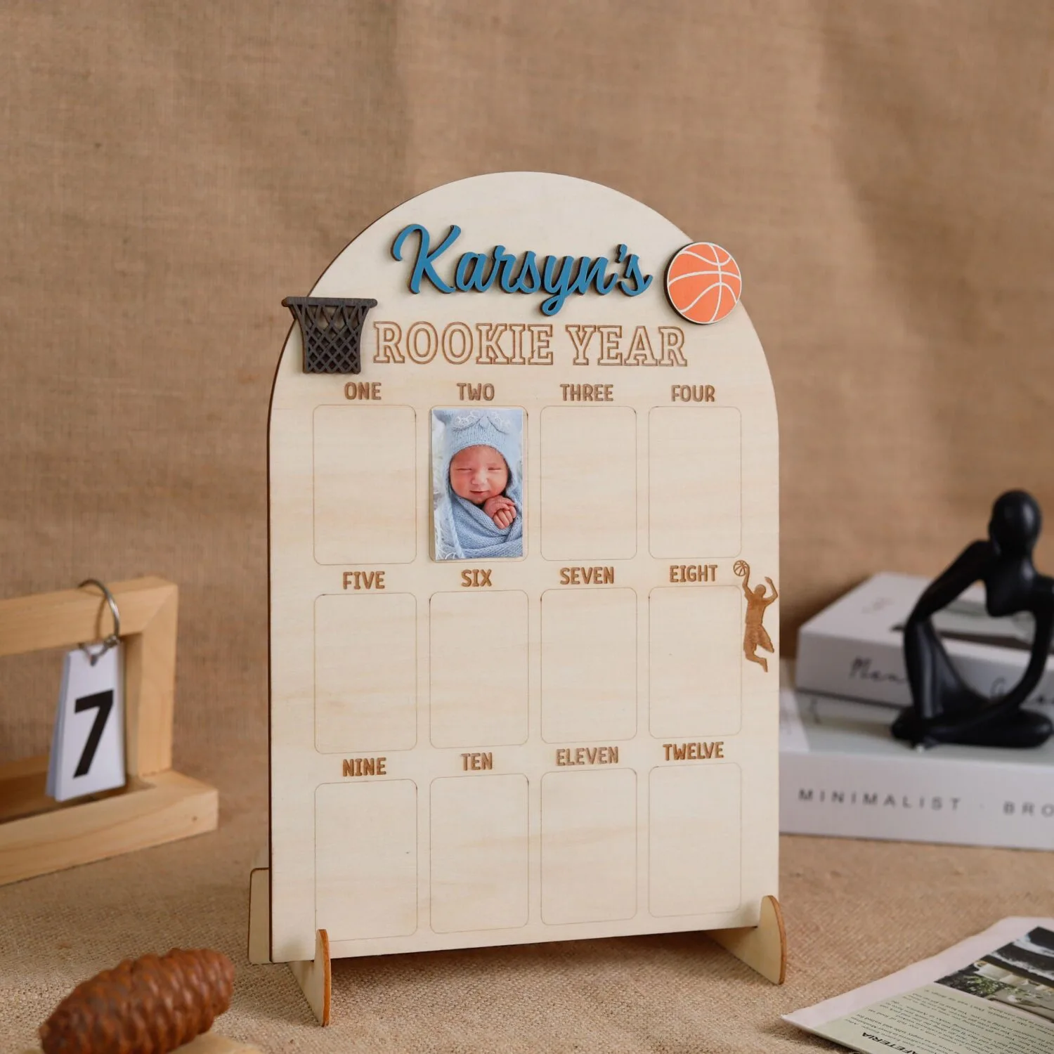 Personalized Basketball Milestone Photo Board | Custom Baby First Year Keepsake, Sports Nursery Decor, Engraved Name Gift - Image 6