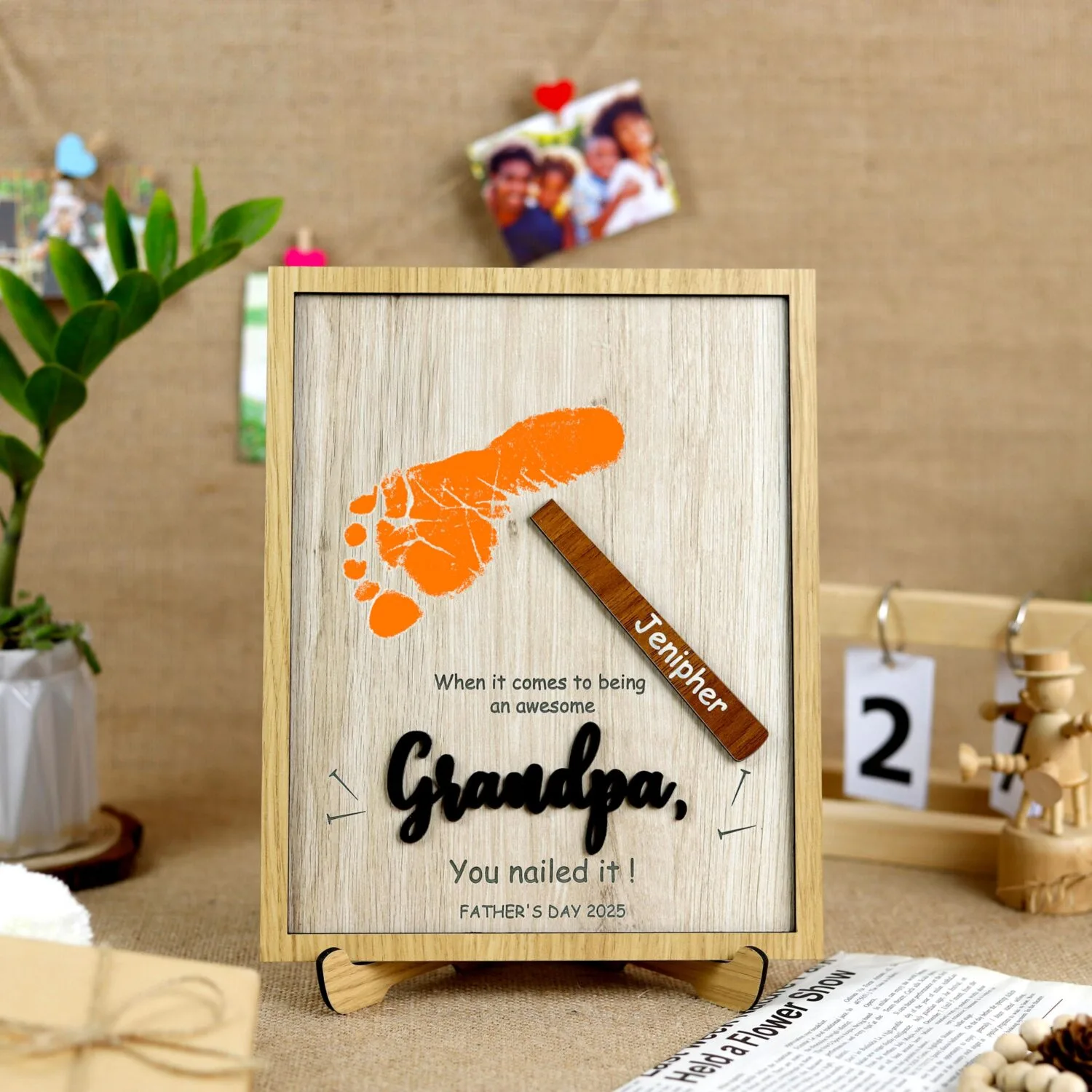 Grandpa gift, footprint sign, personalized keepsake, wooden plaque, Father’s Day, custom names, garage decor, family love