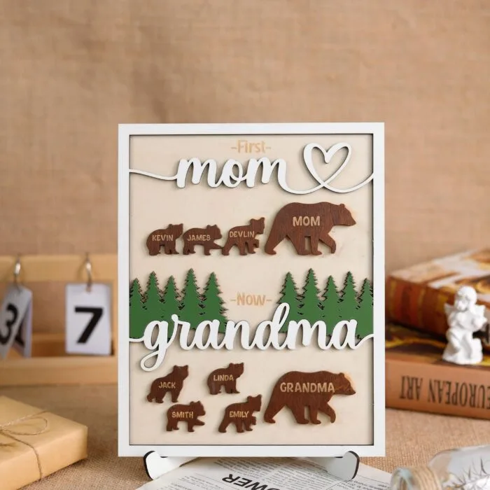 Personalized First Mom Now Grandma Wooden Sign - Custom Birth Flower Keepsake for Mother’s Day & Grandma Gifts