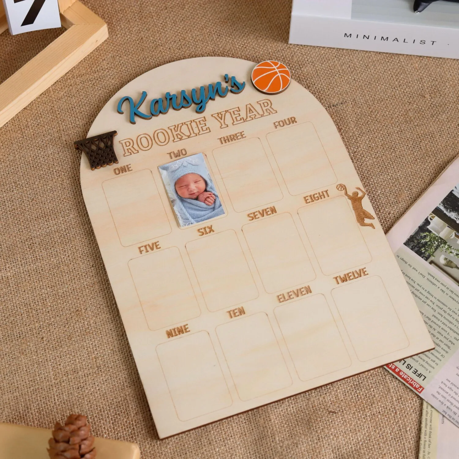 Personalized Basketball Milestone Photo Board | Custom Baby First Year Keepsake, Sports Nursery Decor, Engraved Name Gift - Image 7