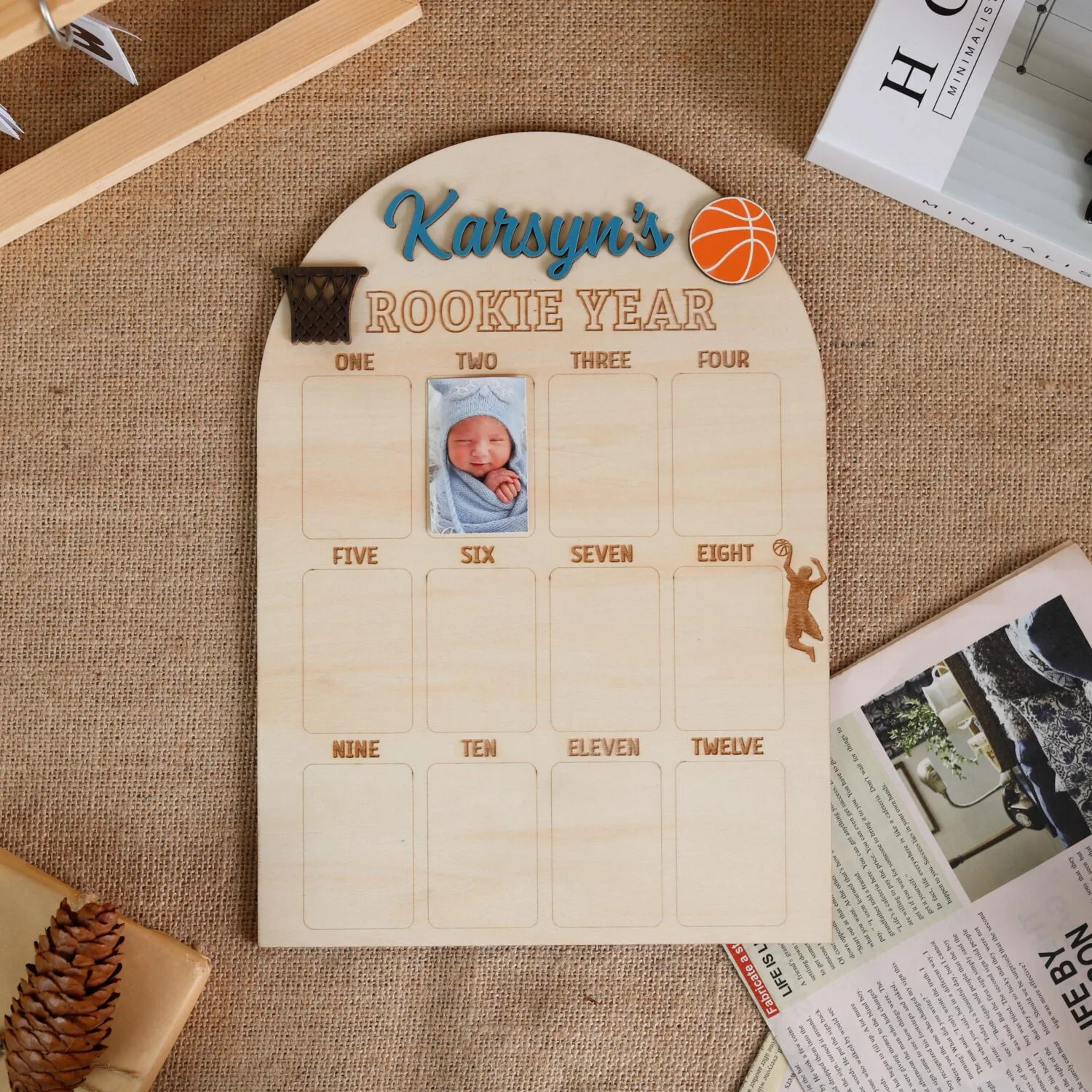 Personalized Basketball Milestone Photo Board | Custom Baby First Year Keepsake, Sports Nursery Decor, Engraved Name Gift - Image 9