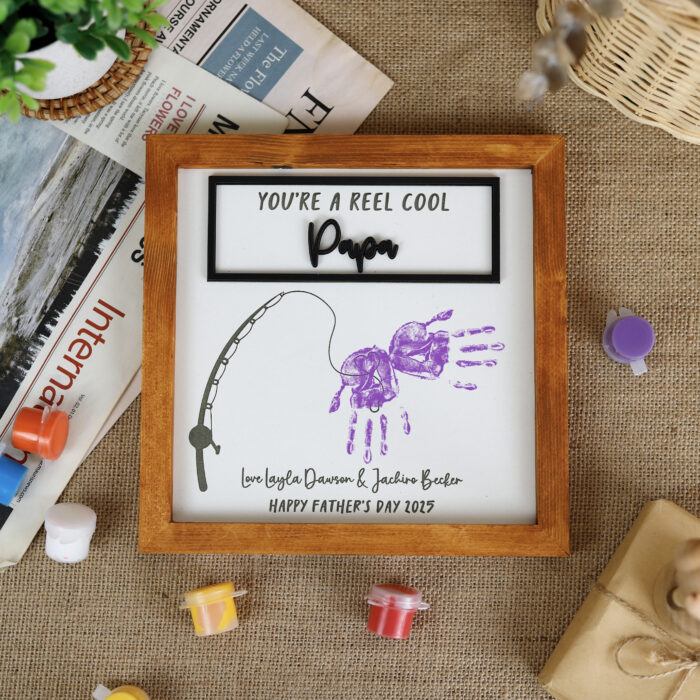 Personalized Papa Handprint Plaque | Custom Fishing Gift from Kids | Father’s Day Fishing Decor