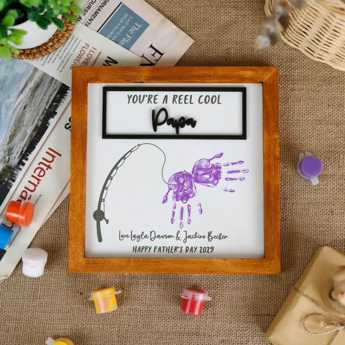Personalized Papa Handprint Plaque | Custom Fishing Gift from Kids | Father’s Day Fishing Decor