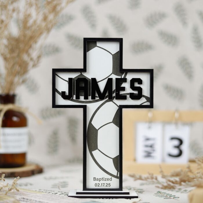 Personalized Soccer Baptism Cross | Custom Engraved Baptism Gift | Personalized Baptism Cross for Boys