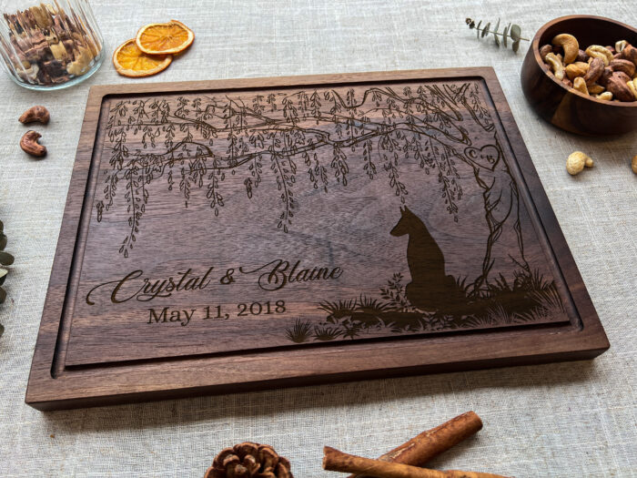 Personalized Willow Anniversary Cutting Board | 9th Anniversary Willow Cutting Board | Engraved Willow Tree & Dog Cutting Board - Image 8