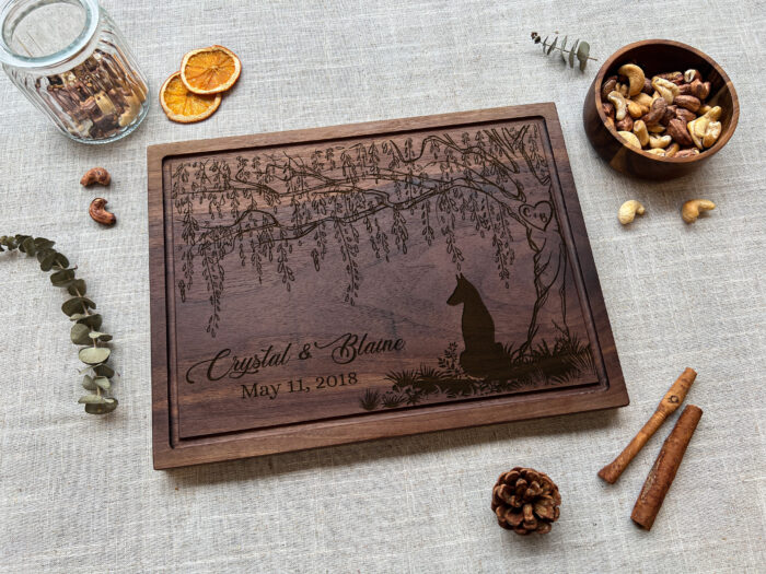 Personalized Willow Anniversary Cutting Board | 9th Anniversary Willow Cutting Board | Engraved Willow Tree & Dog Cutting Board - Image 6
