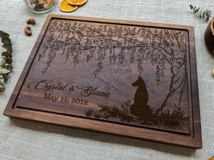 Personalized Willow Anniversary Cutting Board | 9th Anniversary Willow Cutting Board | Engraved Willow Tree & Dog Cutting Board - Image 7