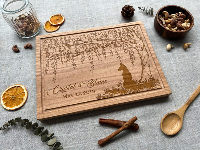 Personalized Willow Anniversary Cutting Board | 9th Anniversary Willow Cutting Board | Engraved Willow Tree & Dog Cutting Board - Image 5