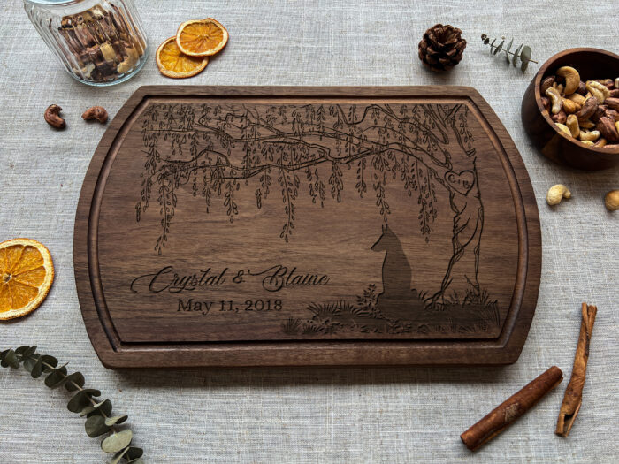 Personalized Willow Anniversary Cutting Board | 9th Anniversary Willow Cutting Board | Engraved Willow Tree & Dog Cutting Board - Image 9