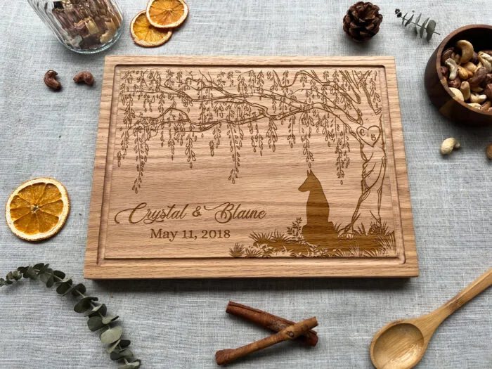 Personalized Willow Anniversary Cutting Board | 9th Anniversary Willow Cutting Board | Engraved Willow Tree & Dog Cutting Board