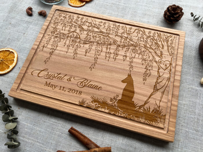 Personalized Willow Anniversary Cutting Board | 9th Anniversary Willow Cutting Board | Engraved Willow Tree & Dog Cutting Board - Image 4