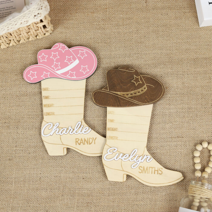 Cowboy Boot Hat Western Birth Sign - Personalized Nursery Keepsake | Western-Themed Nursery Sign for Newborn Gift