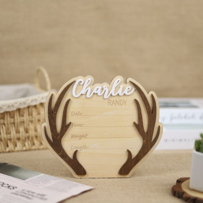 Custom Deer Antler Birth Announcement - Personalized Nursery Keepsake | Woodland Baby Birth Announcement with Antlers