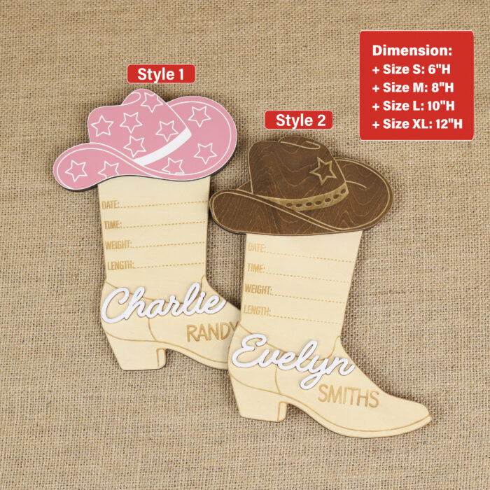 Cowboy Boot Hat Western Birth Sign - Personalized Nursery Keepsake | Western-Themed Nursery Sign for Newborn Gift - Image 2