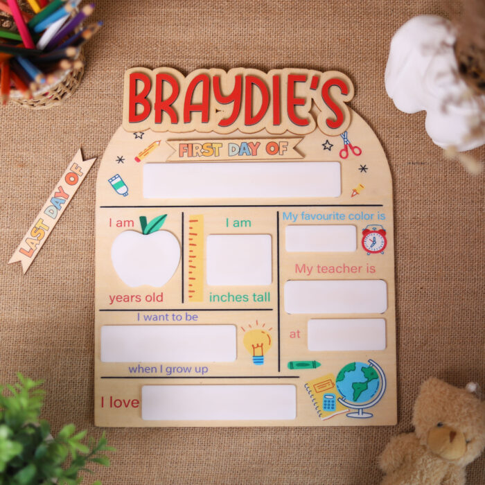 Custom First Day of School Sign - Personalized Photo Prop | Personalized Back to School Photo Board | Reusable First & Last Day School Sign for Milestones