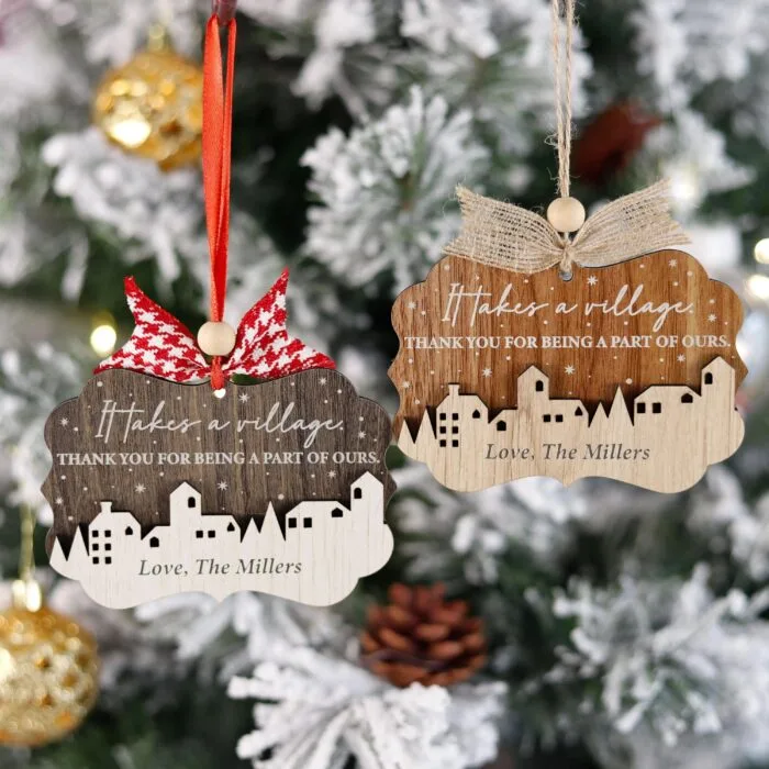 Custom Village Christmas Ornament | It Takes a Village Ornament – A Heartfelt Holiday Keepsake | Personalized Village Ornament for Teachers | Woodhug & Helpers