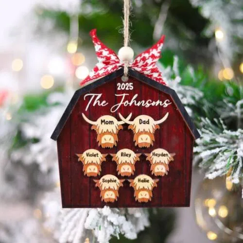 Personalized Highland Cow Family Christmas Ornament – Custom Family Names Keepsake | Personalized Ornament