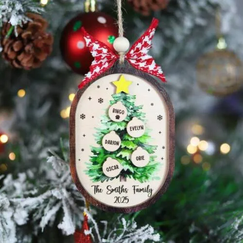 Personalized Family Christmas Ornament – Watercolor Tree Design + Custom Names & Year | Personalized Ornament