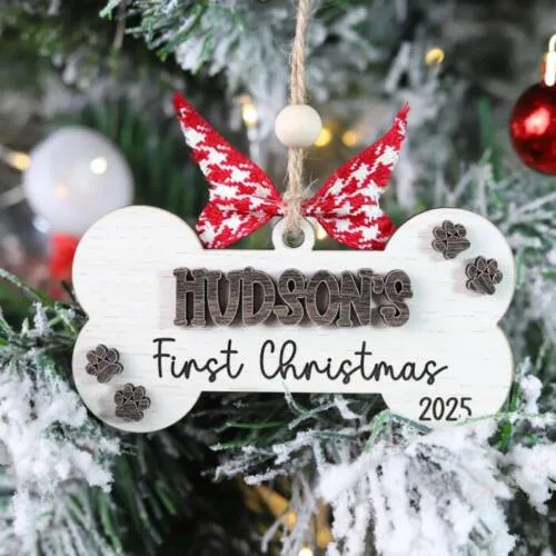 Personalized Dog Bone First Christmas Ornament – Custom Name & Year Keepsake | Personalized Ornament | Woodhug