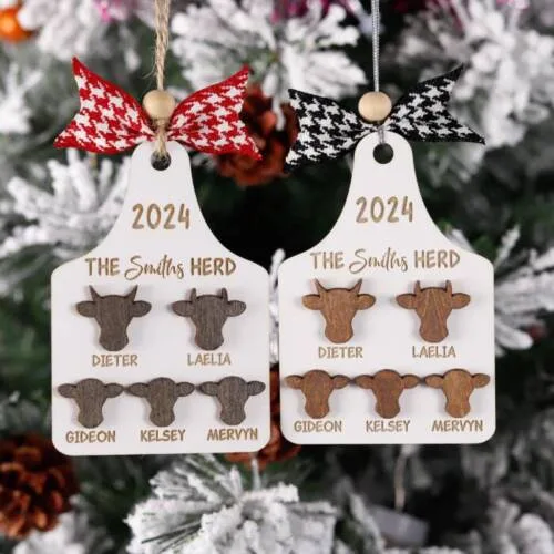 Personalized Cow Tag Family Ornament – Custom Family Names Stocking Together | Personalized Ornament | Woodhug