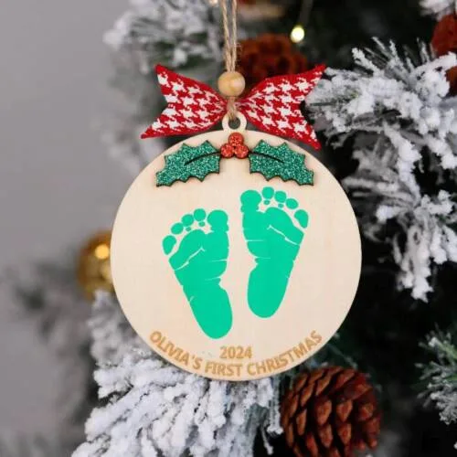 Personalized Baby’s First Christmas Mistletoe Ornament – Handprint & Footprint Keepsake | Personalized Ornament | Woodhug